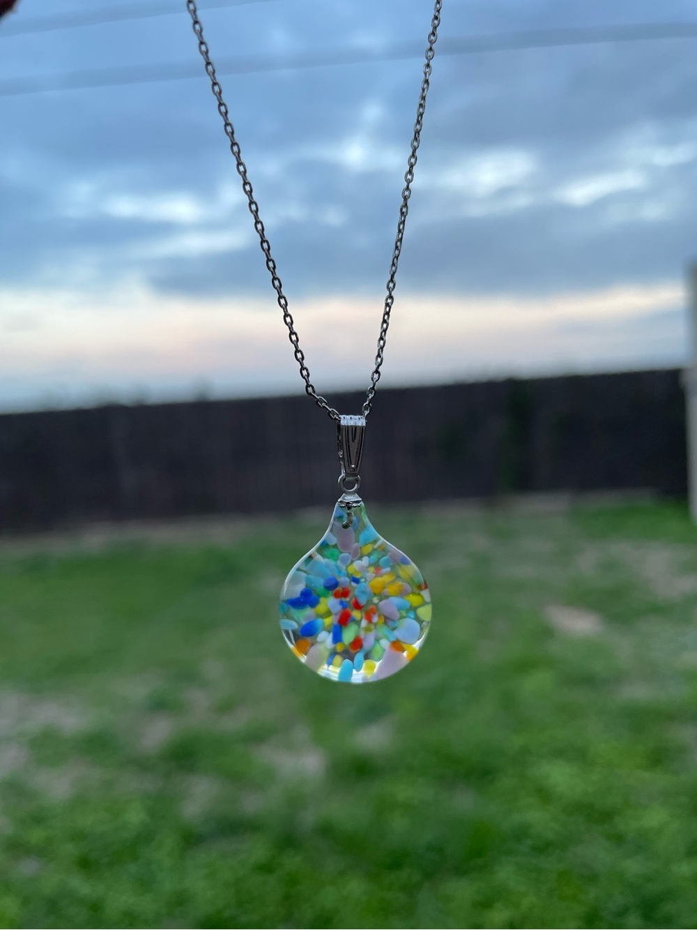 Y2K Multicolor Glass Teardrop Pendant Necklace - Silver colored Chain